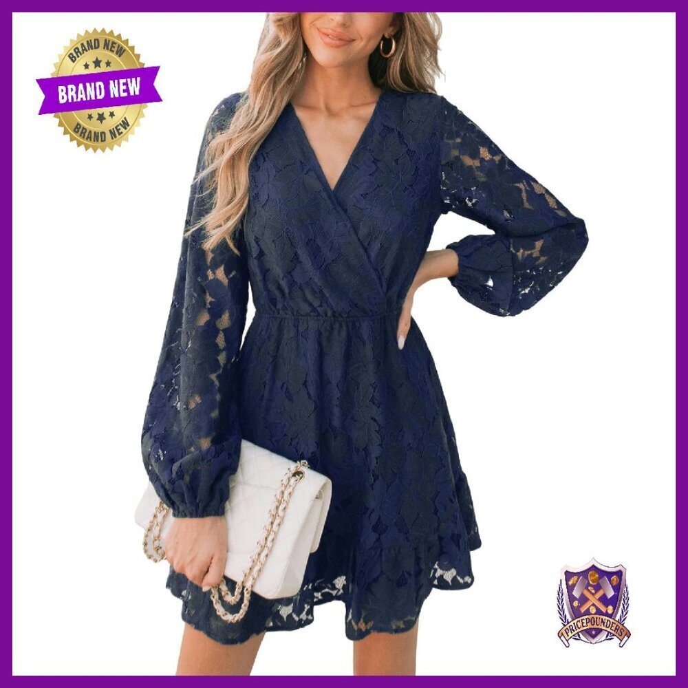 V Neck Lace Peasant Sleeve Mini Dress Elastic High Waist A Line